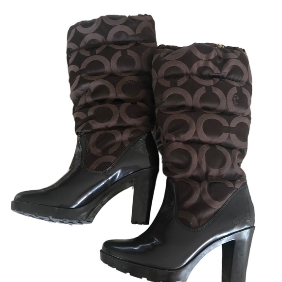 Coach Signature Platform Lug Soles Quilted Heeled Insulated Rain Boots Size 8